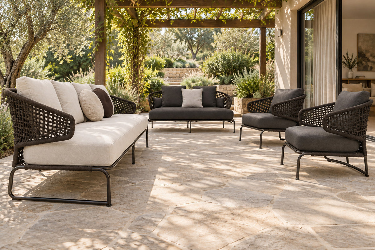 Ischia Outdoor Sofa Set, low near-side-profile lifestyle view