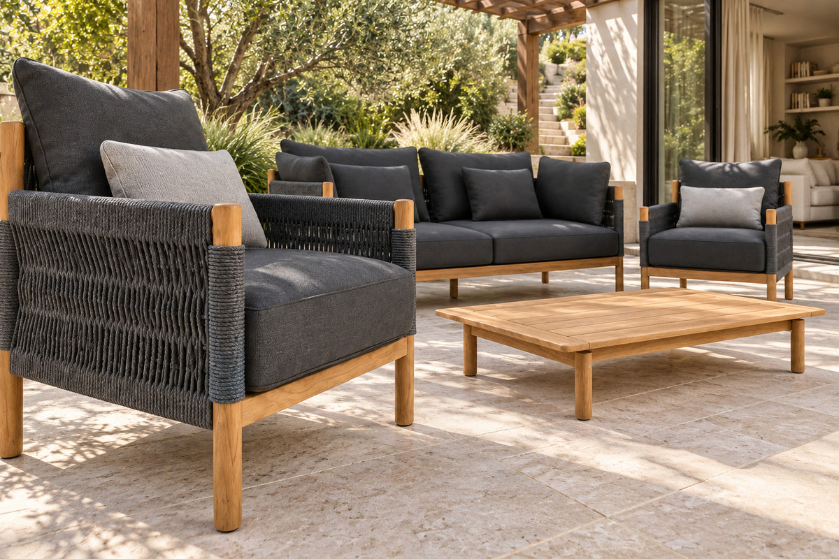 Ithaca Outdoor Sofa Set, low near-side-profile lifestyle view