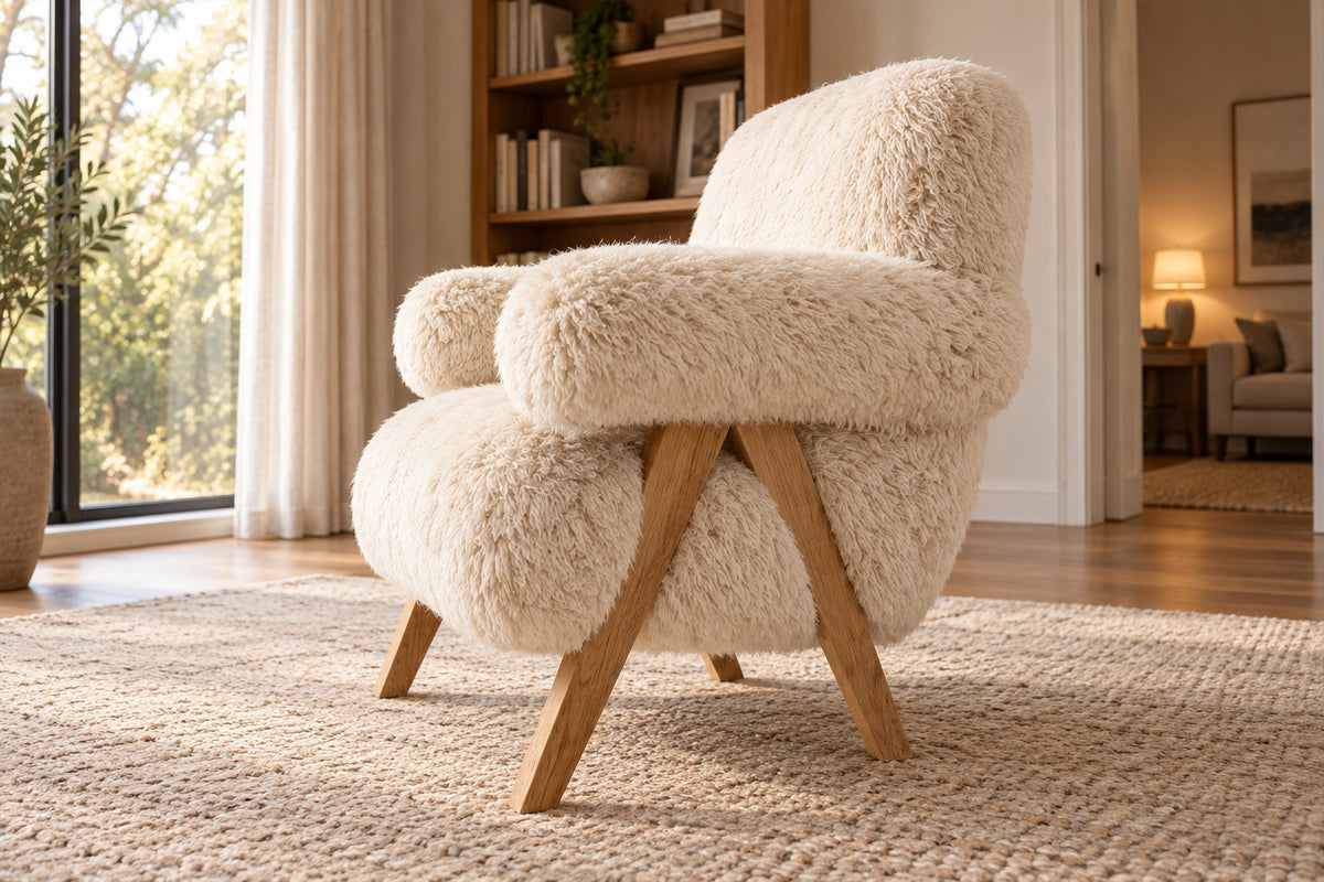Jakob Sheepskin Lounge Chair, low near-side-profile lifestyle view