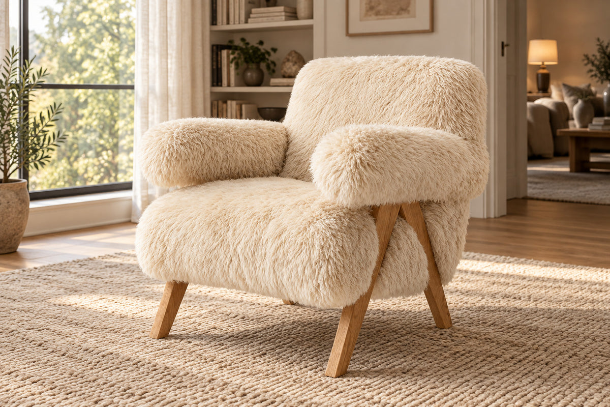 Jakob Sheepskin Lounge Chair, front-right three-quarter lifestyle view