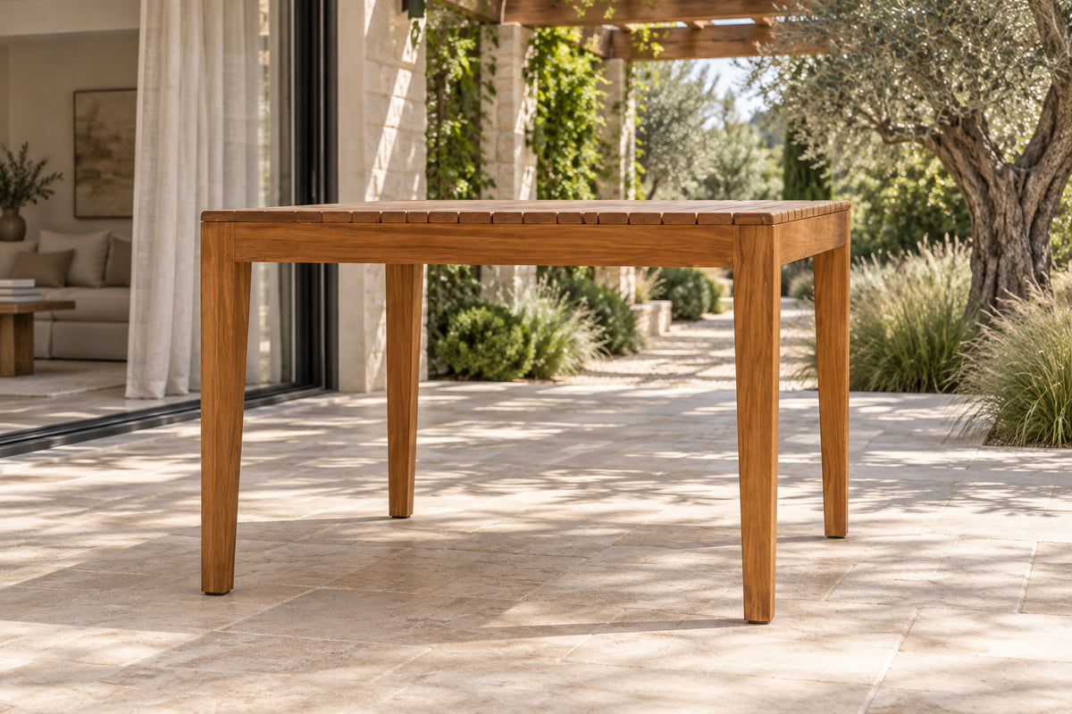 Lecce Dining Table, Square, low near-side-profile lifestyle view