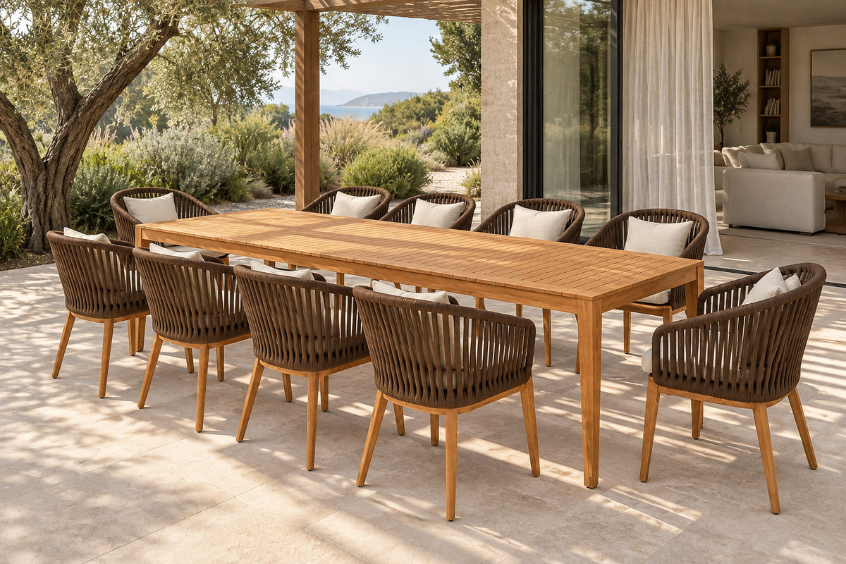 Lecce Outdoor Dining Set, front-right three-quarter lifestyle view