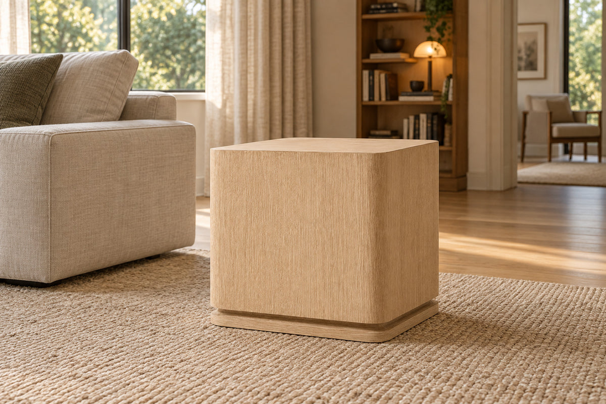 Ligné Plinth Square Side Table, front-right three-quarter lifestyle view