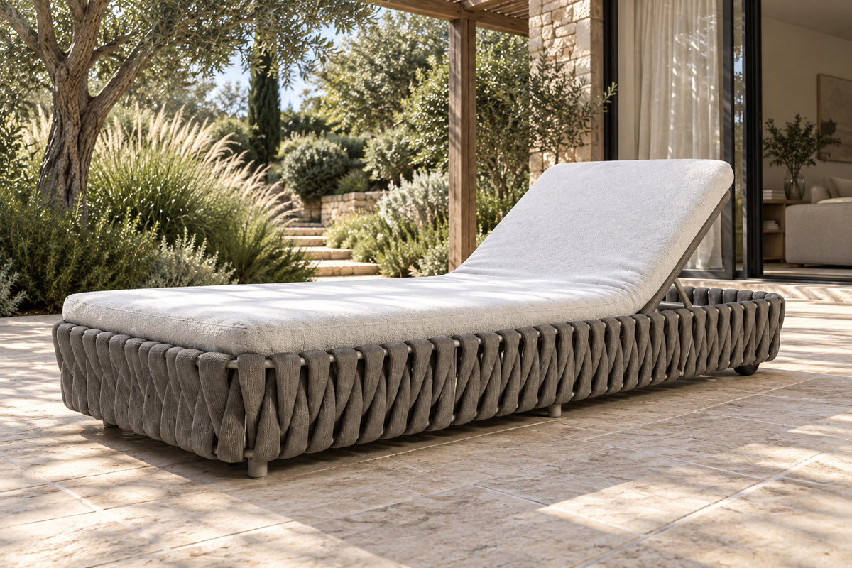 Linosa Sun Lounger, low near-side-profile lifestyle view