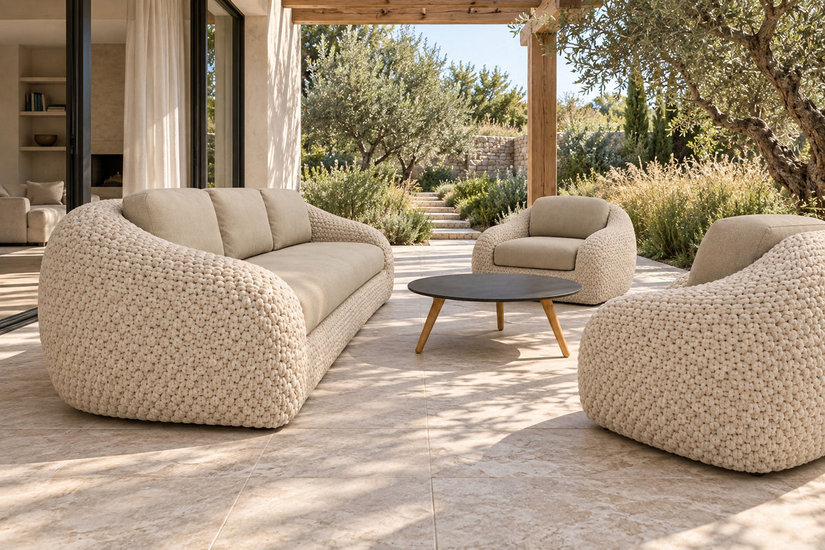 Marisol Outdoor Sofa Set, low near-side-profile lifestyle view