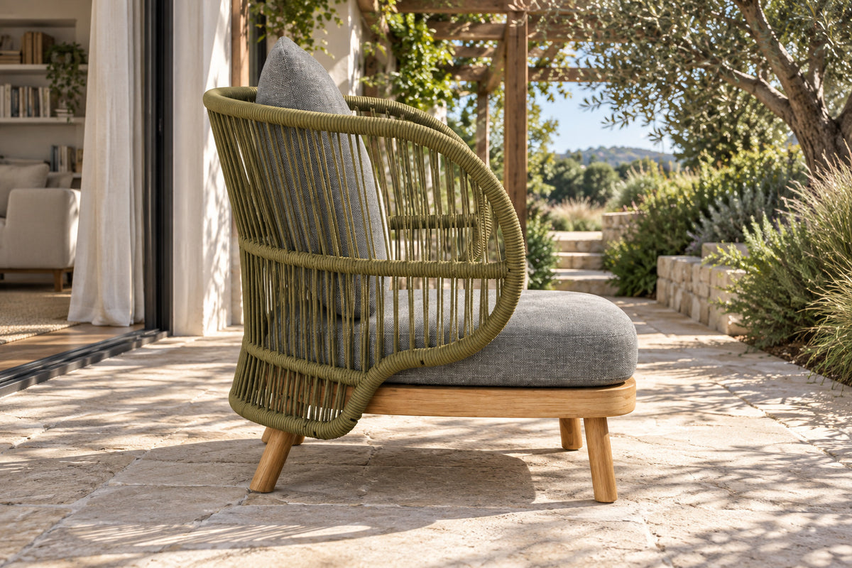 Menorca Lounge Chair, low near-side-profile lifestyle view