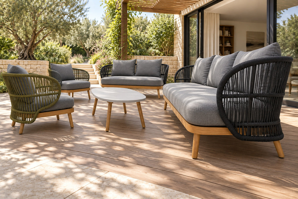 Menorca Outdoor Sofa Set, low near-side-profile lifestyle view