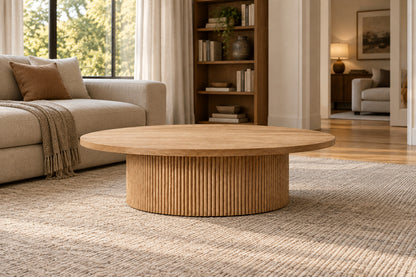 Mulholland Pedestal Round Coffee Table, front-right three-quarter lifestyle view