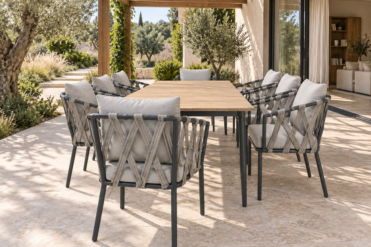 Naxos Outdoor Dining Set, low near-side-profile lifestyle view