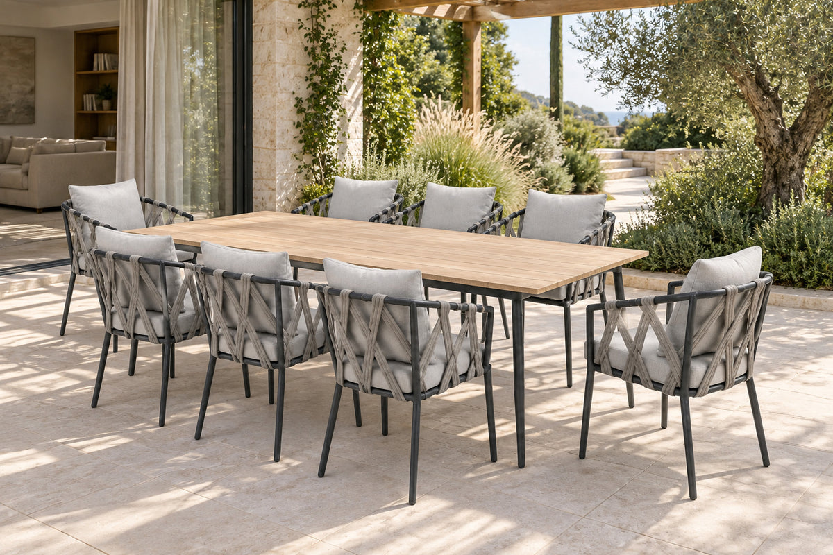 Naxos Outdoor Dining Set, front-right three-quarter lifestyle view