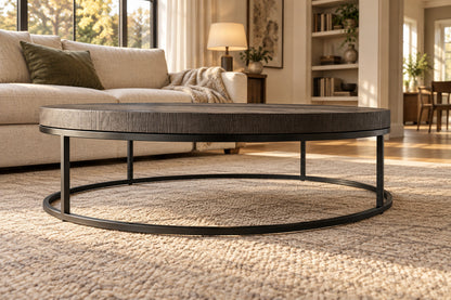 Nicholas Oak Round Coffee Table, low near-side-profile lifestyle view
