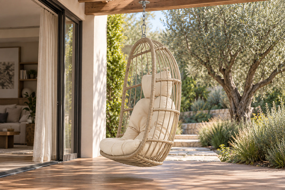 Nido Hanging Chair, low near-side-profile lifestyle view