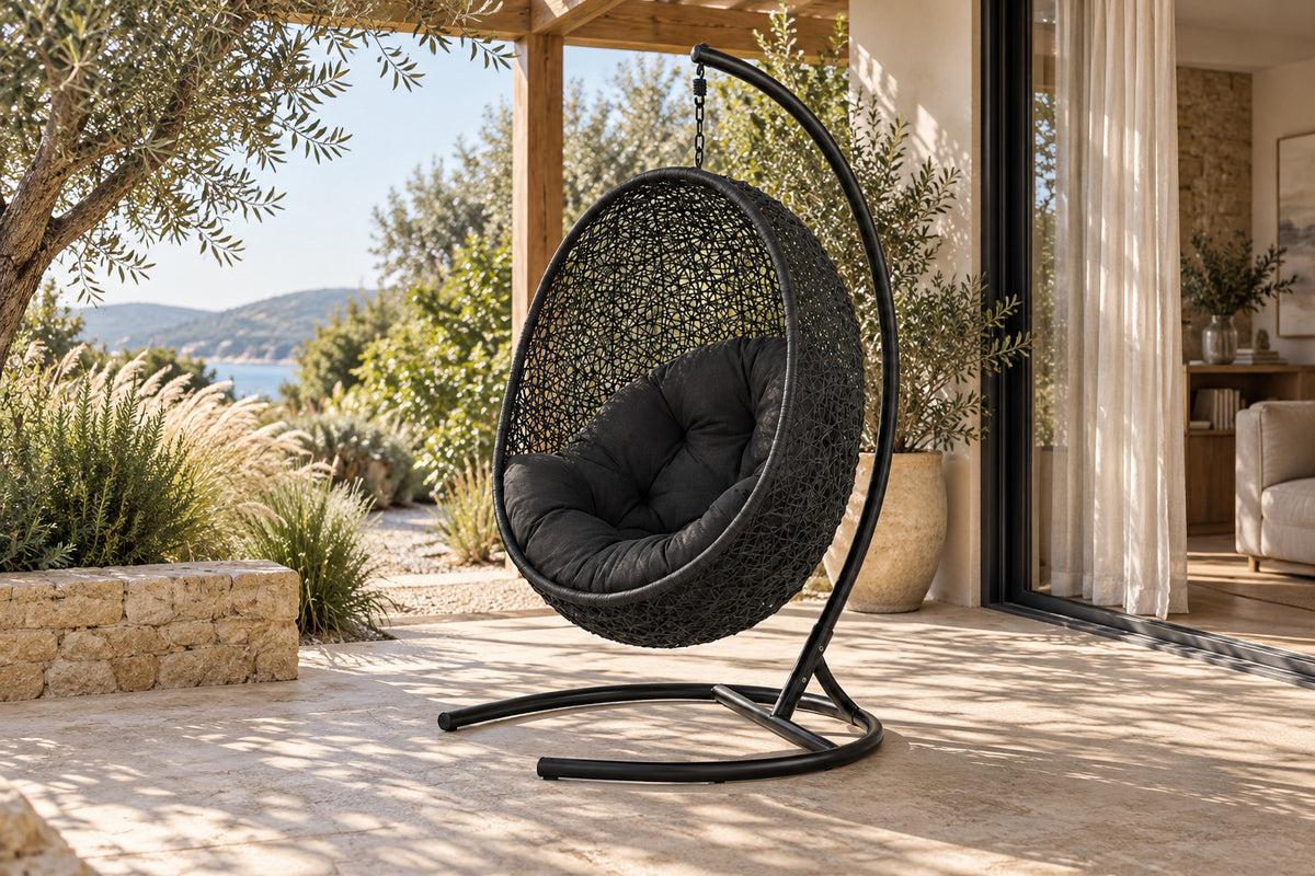 Nido Hanging Chair with Stand, front-right three-quarter lifestyle view