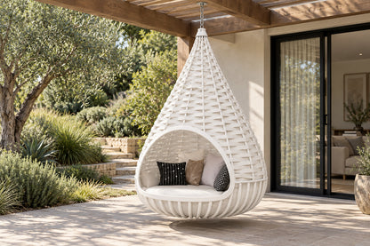 Nido Hanging Nest, Chain-Hung, front-right three-quarter lifestyle view