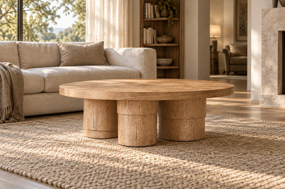 Oak Tropez Round Coffee Table, front-right three-quarter lifestyle view