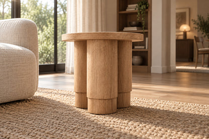 Oak Tropez Round Pedestal Side Table, low near-side-profile lifestyle view
