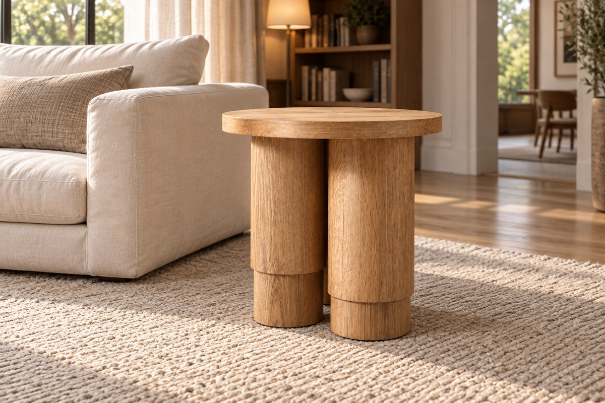 Oak Tropez Round Pedestal Side Table, front-right three-quarter lifestyle view