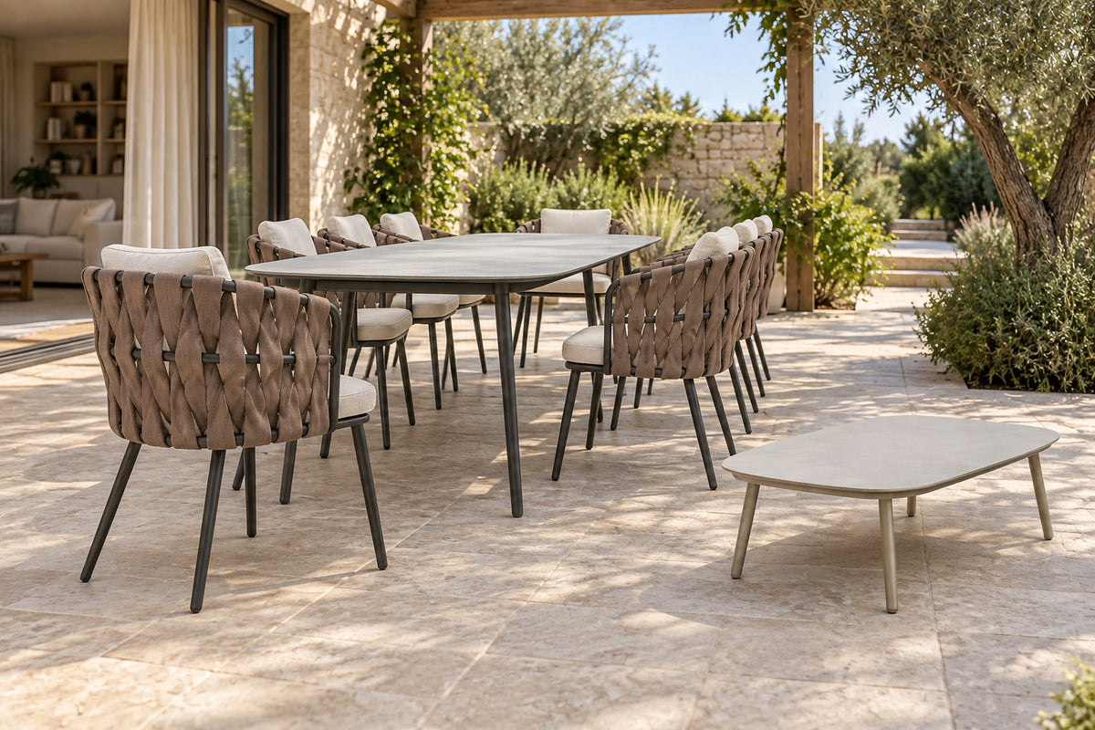 Otranto Outdoor Dining Set, low near-side-profile lifestyle view