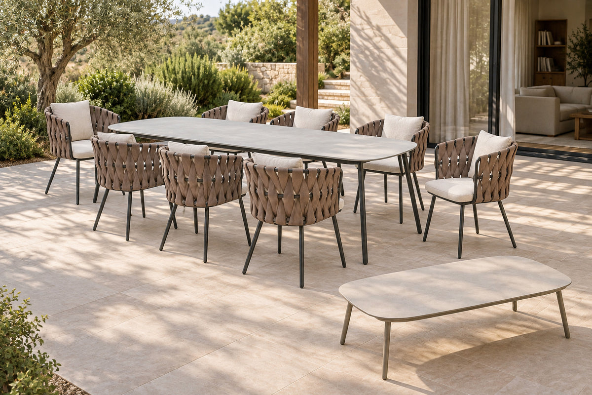Otranto Outdoor Dining Set, front-right three-quarter lifestyle view