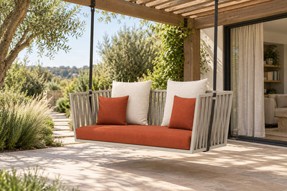 Portico Swing Bench, front-right three-quarter lifestyle view