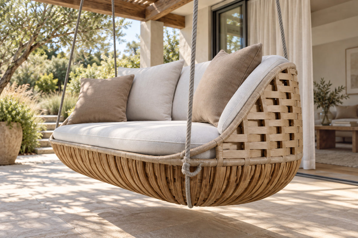 Portico Swing Seat, Double, low near-side-profile lifestyle view