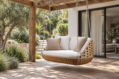 Portico Swing Seat, Double, front-right three-quarter lifestyle view