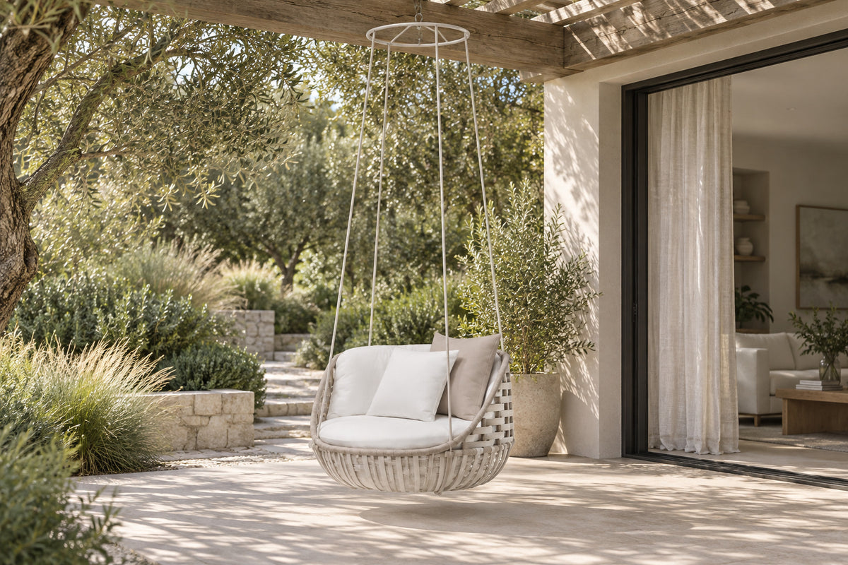 Portico Swing Seat, Single, front-right three-quarter lifestyle view