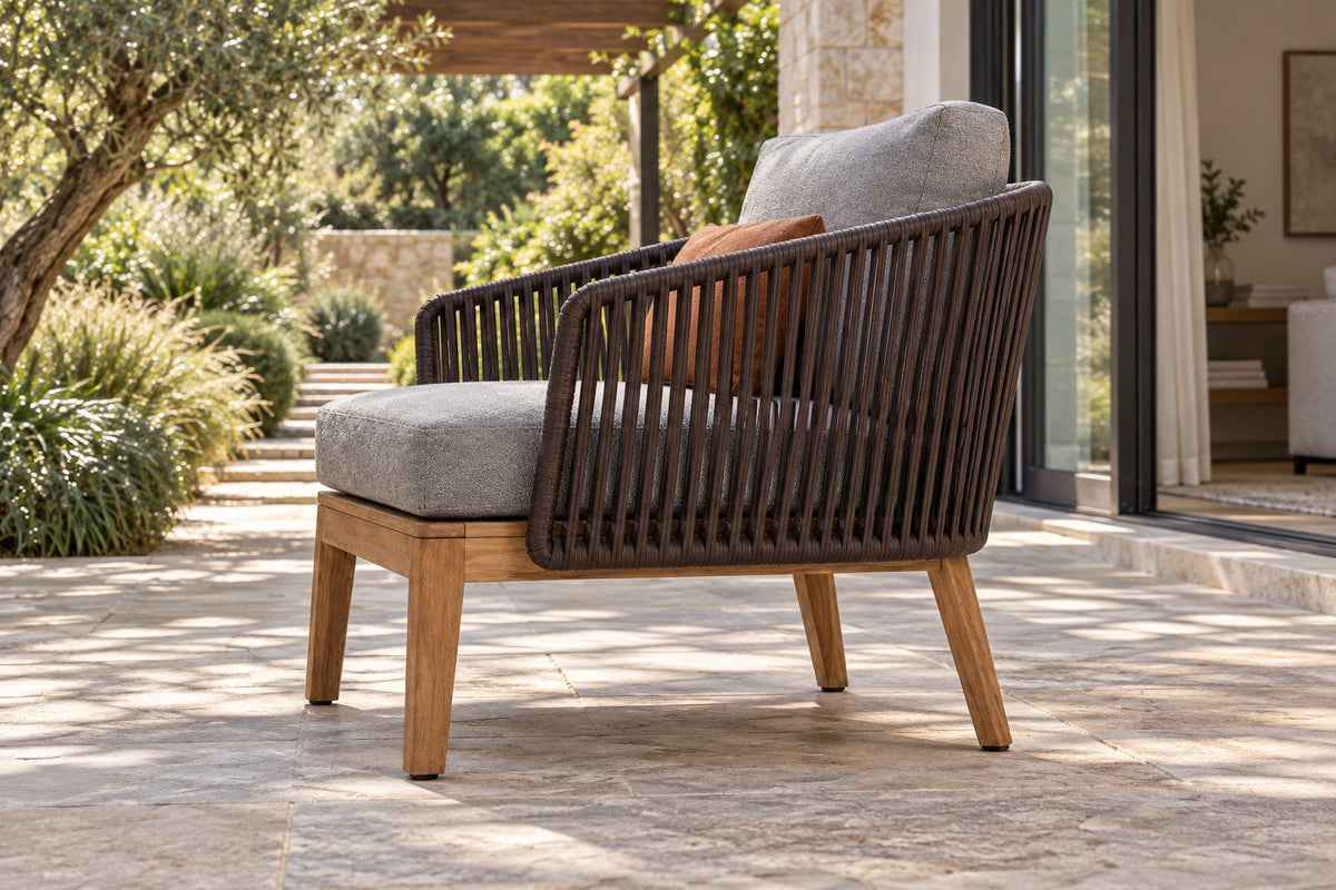 Puglia Lounge Chair, low near-side-profile lifestyle view