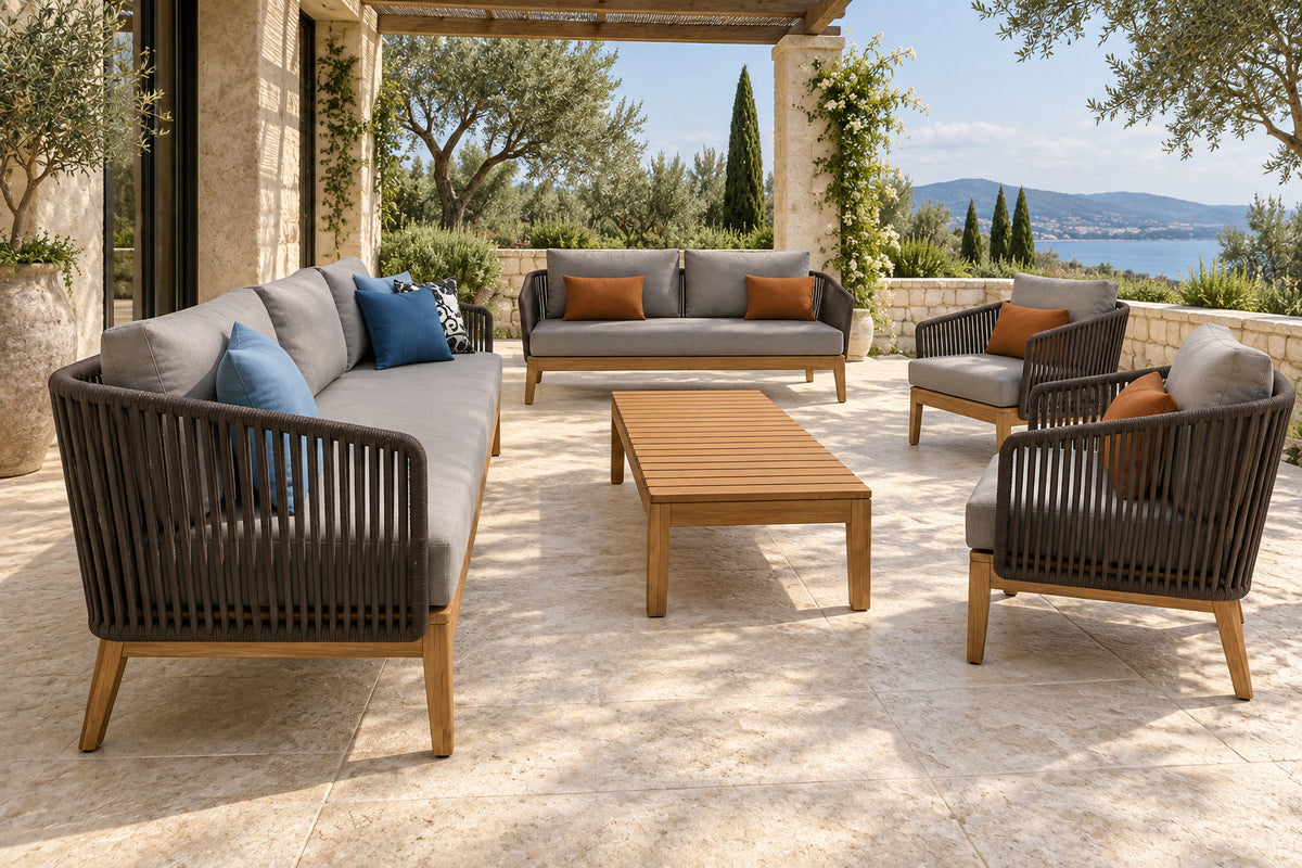Puglia Outdoor Sofa Set, low near-side-profile lifestyle view