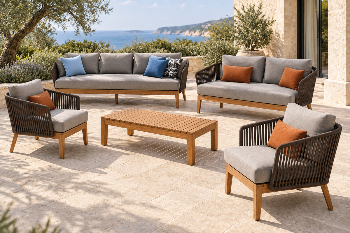 Puglia Outdoor Sofa Set, front-right three-quarter lifestyle view
