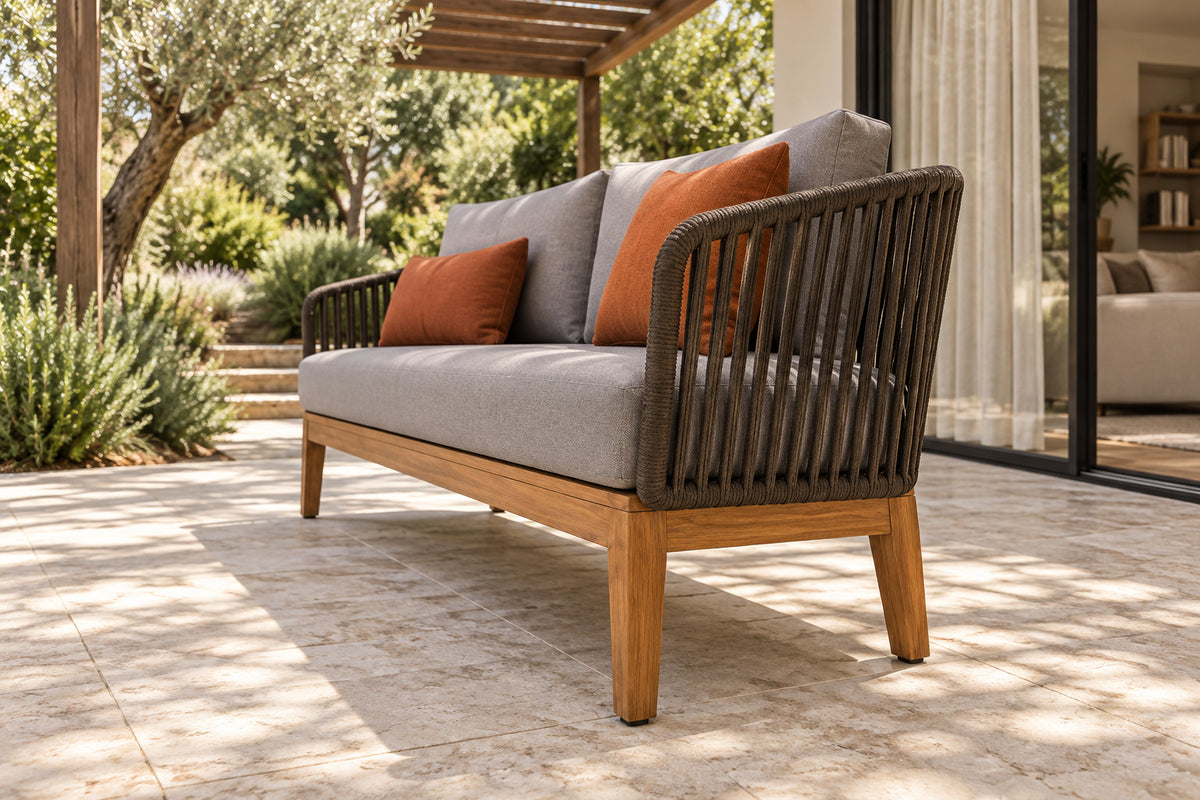 Puglia Two-Seat Sofa, low near-side-profile lifestyle view