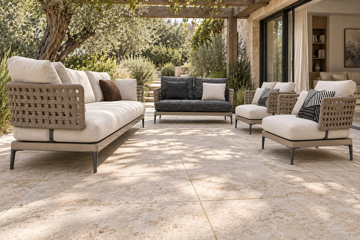 Salina Outdoor Sofa Set, low near-side-profile lifestyle view