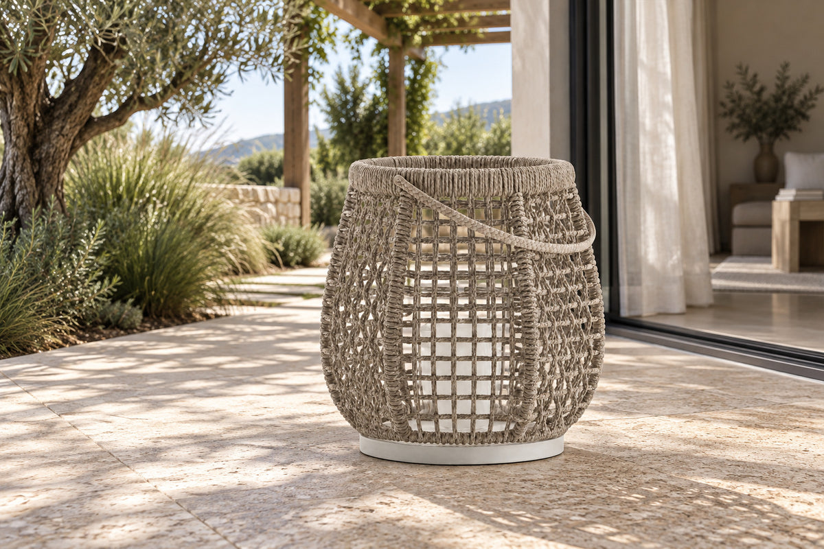 Santorini Braided Rope Lamp, front-right three-quarter lifestyle view
