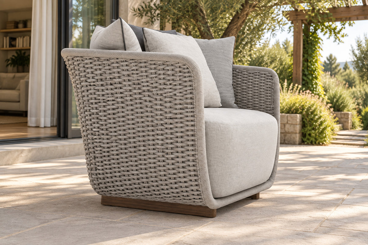 Santorini Lounge Chair, low near-side-profile lifestyle view