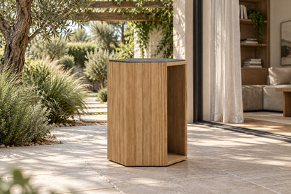 Santorini Occasional Table, Teak, low near-side-profile lifestyle view