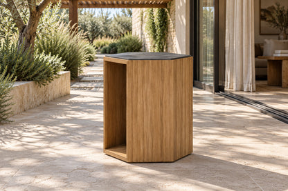 Santorini Occasional Table, Teak, front-right three-quarter lifestyle view