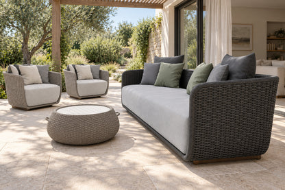 Santorini Outdoor Sofa Set, low near-side-profile lifestyle view
