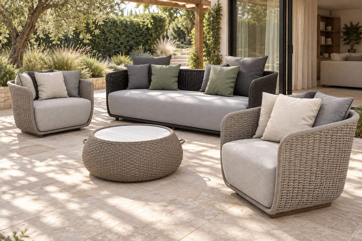 Santorini Outdoor Sofa Set, front-right three-quarter lifestyle view