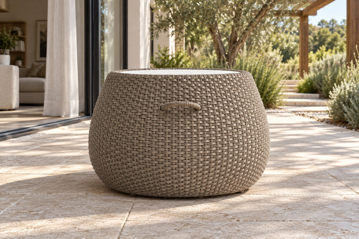 Santorini Side Table, low near-side-profile lifestyle view