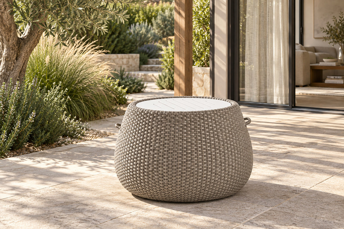 Santorini Side Table, front-right three-quarter lifestyle view