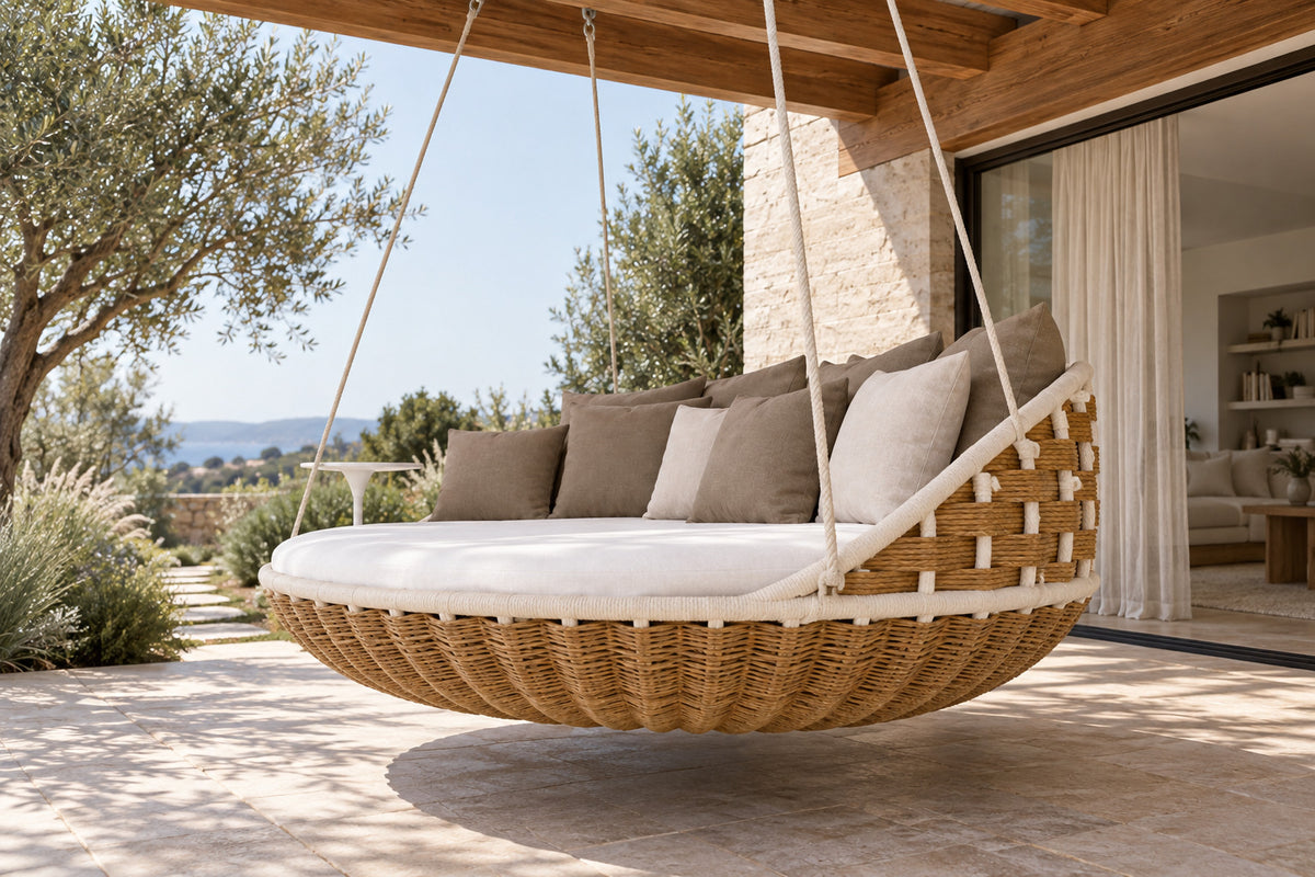 Selene Hanging Daybed, low near-side-profile lifestyle view