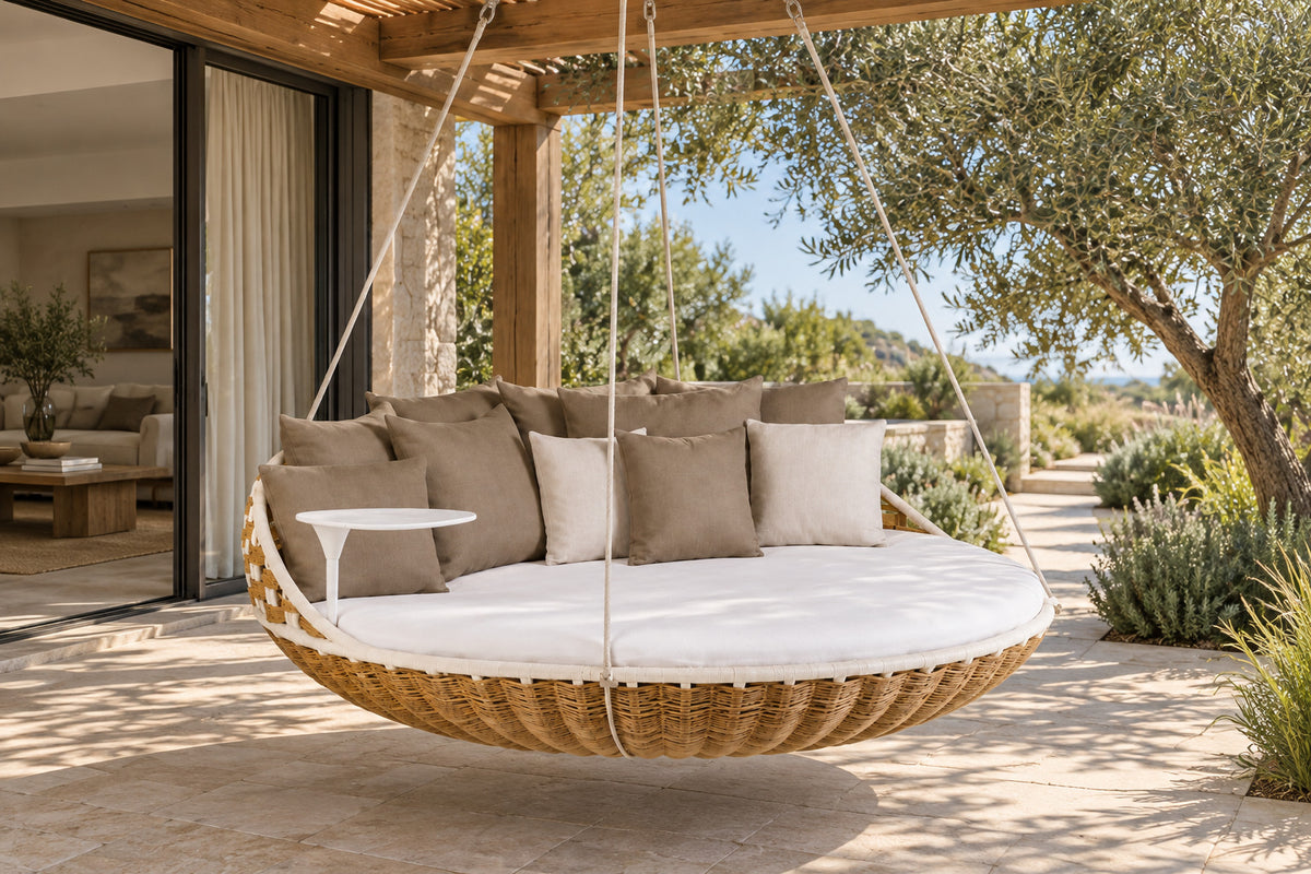 Selene Hanging Daybed, front-right three-quarter lifestyle view
