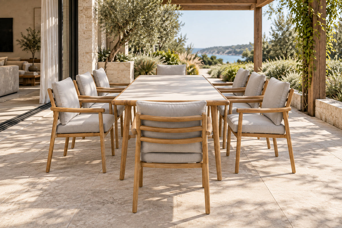 Sintra Outdoor Dining Set, low near-side-profile lifestyle view