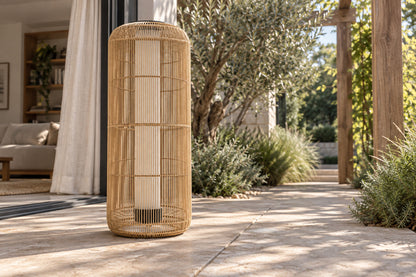 Solano Solar Lantern, Column, Open Weave, low near-side-profile lifestyle view
