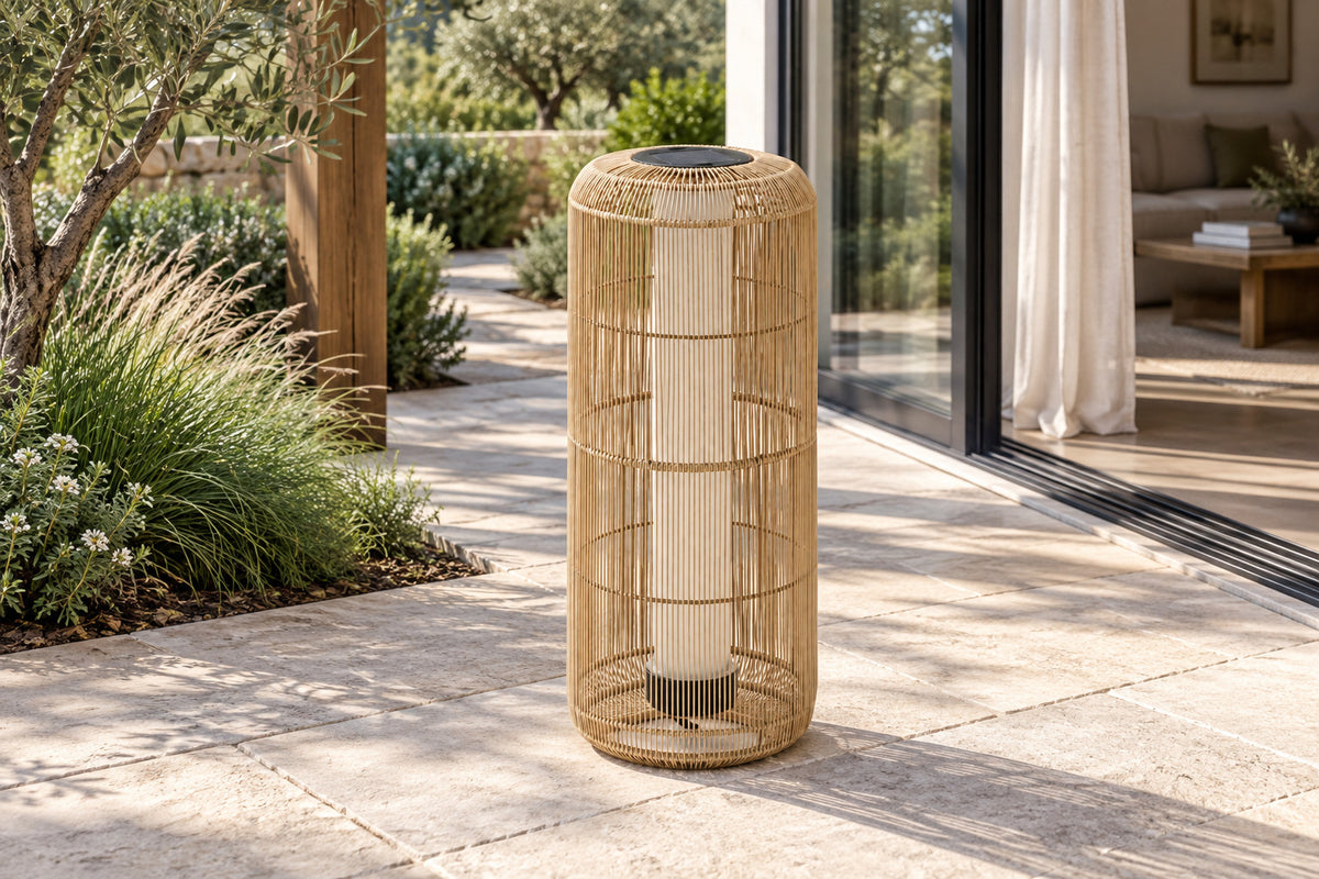Solano Solar Lantern, Column, Open Weave, front-right three-quarter lifestyle view
