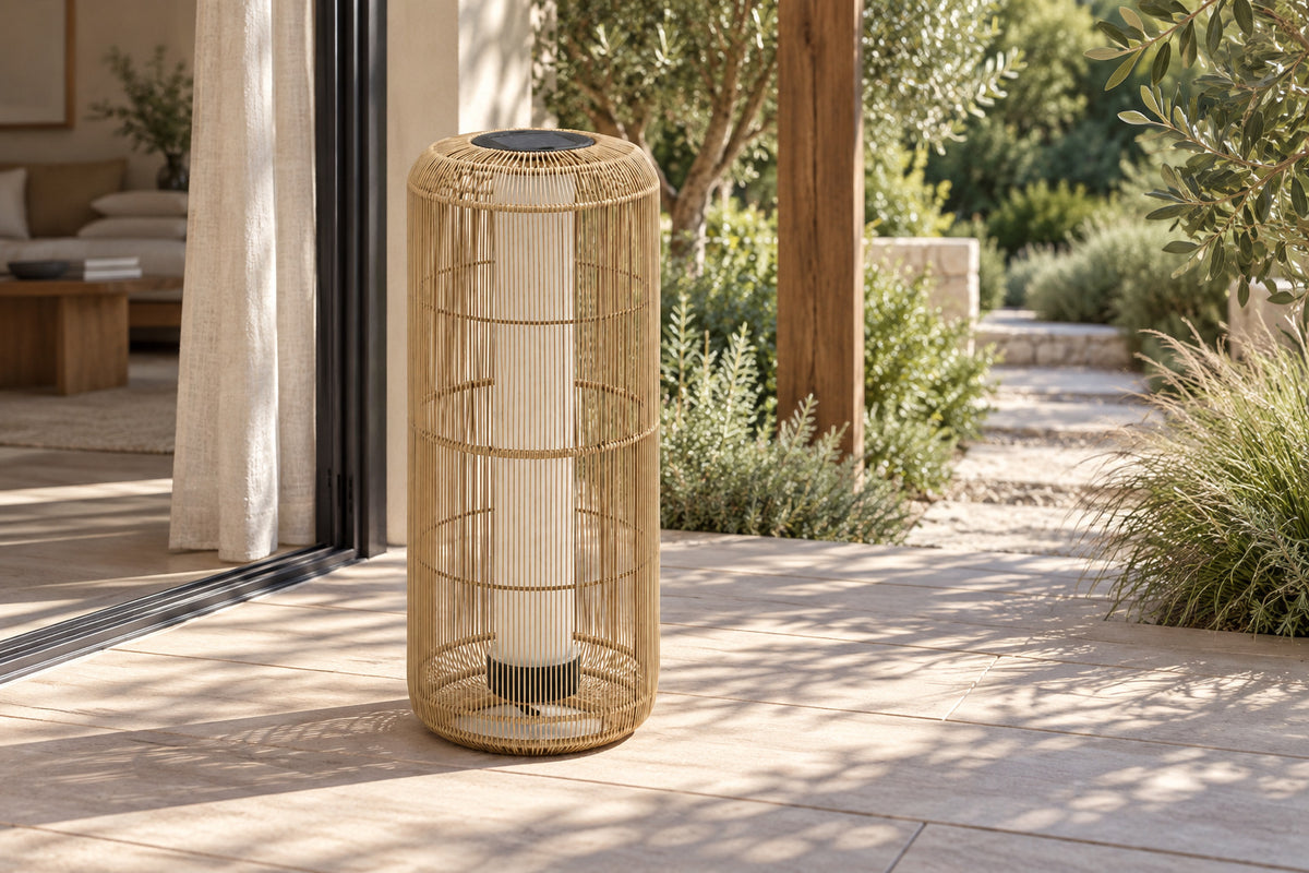 Solano Solar Lantern, Column, front-right three-quarter lifestyle view