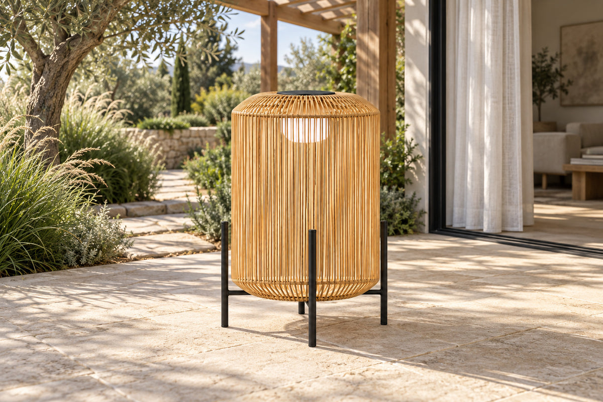 Solano Solar Lantern, Drum, front-right three-quarter lifestyle view