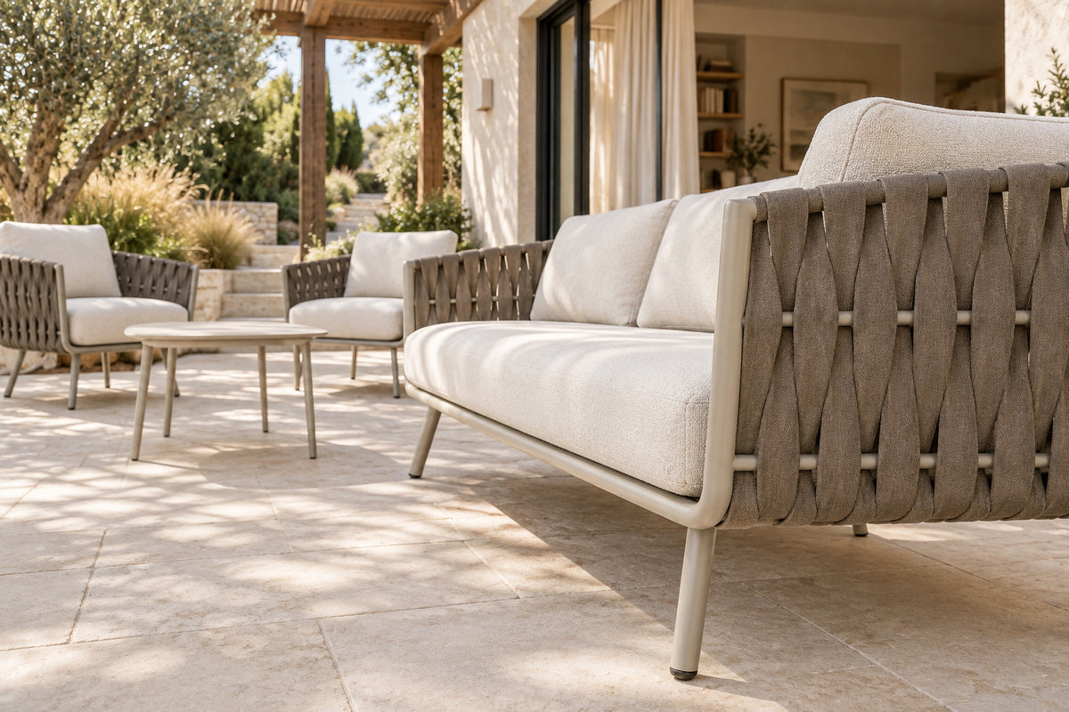Tavira Outdoor Sofa Set, low near-side-profile lifestyle view
