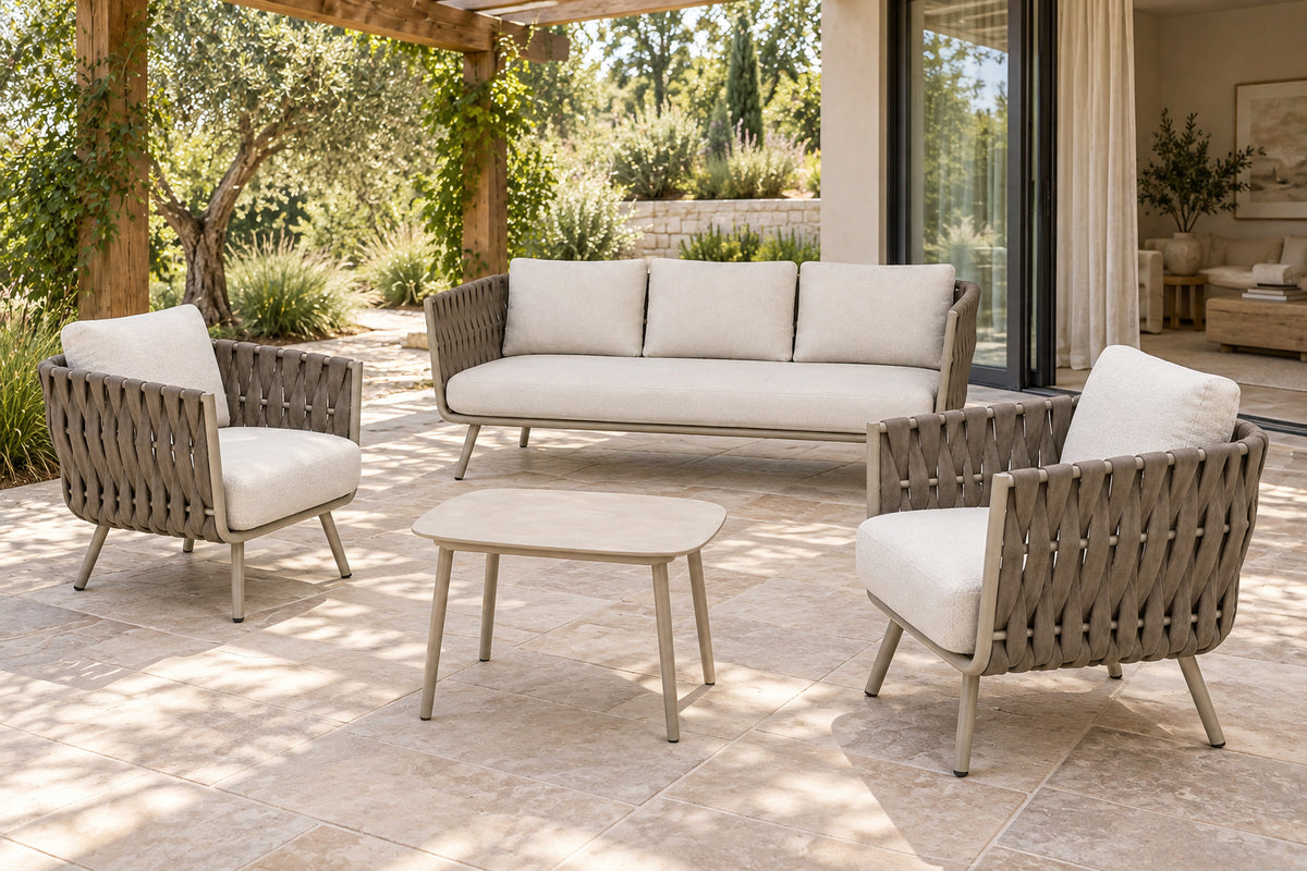Tavira Outdoor Sofa Set, front-right three-quarter lifestyle view