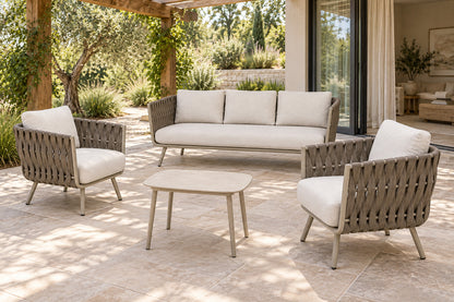 Tavira Outdoor Sofa Set, front-right three-quarter lifestyle view